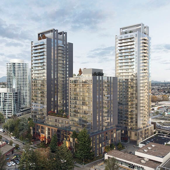 Modern urban skyscrapers with glass facades against a scenic city backdrop.