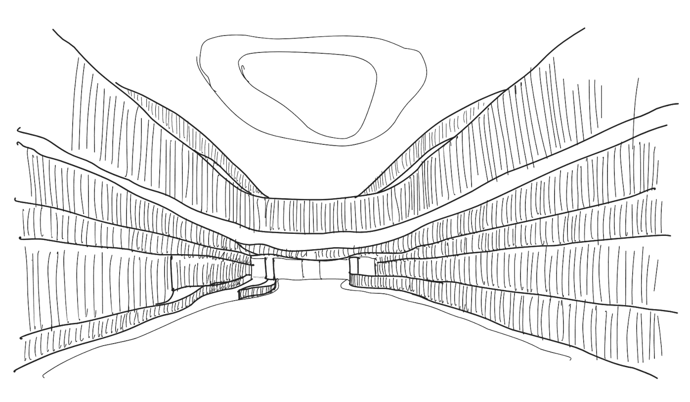 Abstract architectural sketch with curved lines and central opening.