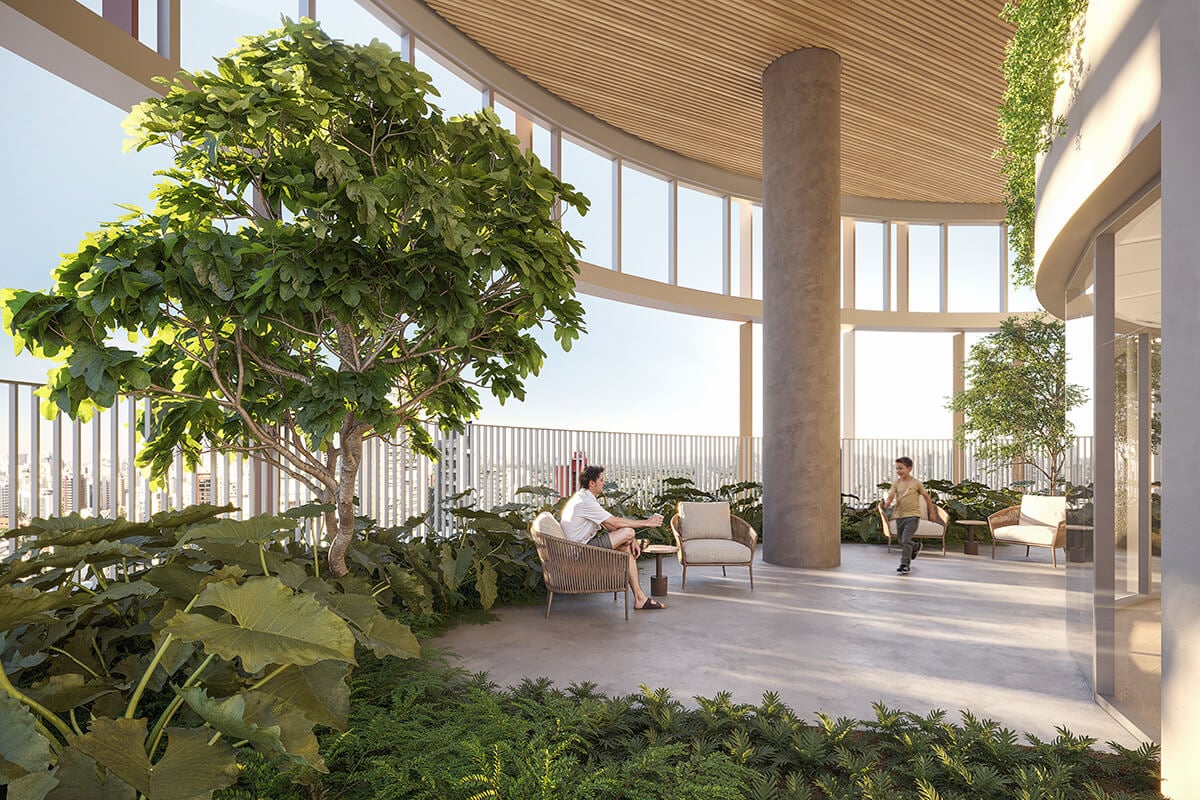 Modern indoor garden with seating and large windows.