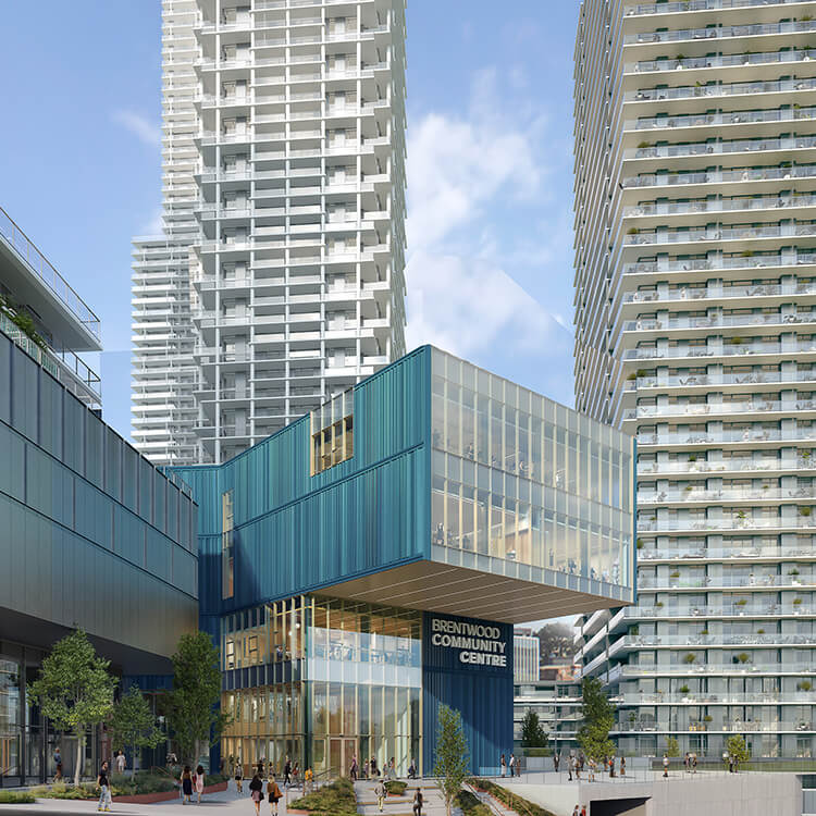 Modern urban community center surrounded by tall residential buildings.