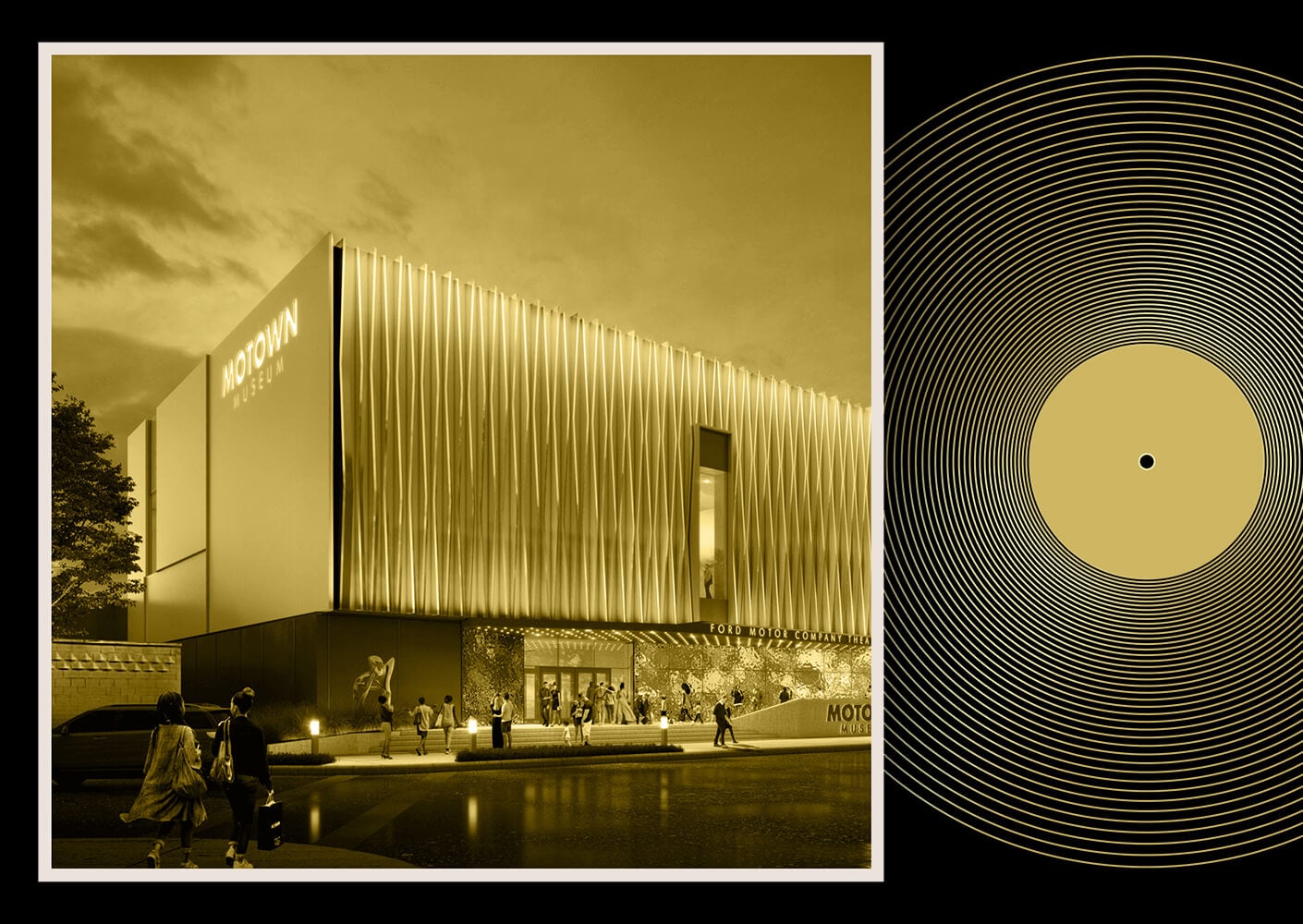 Motown Museum exterior design with vinyl record graphic, sepia tone.