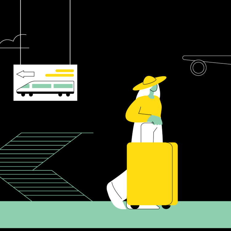 Illustration of a woman with luggage arriving at an airport