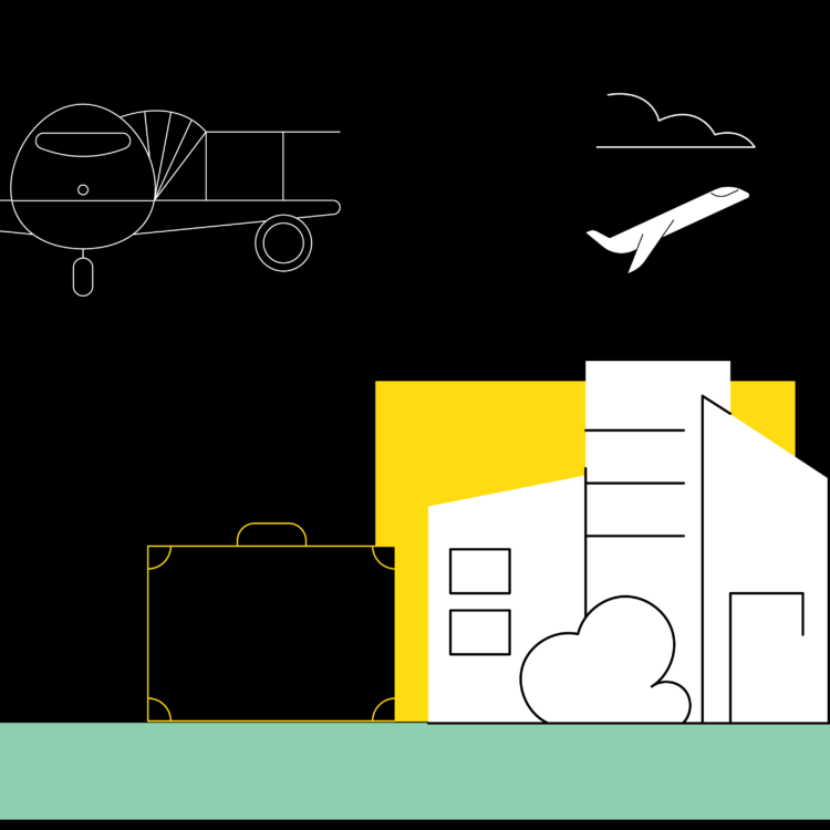 Illustration of a traveler's destination with luggage and airplanes in the sky overhead