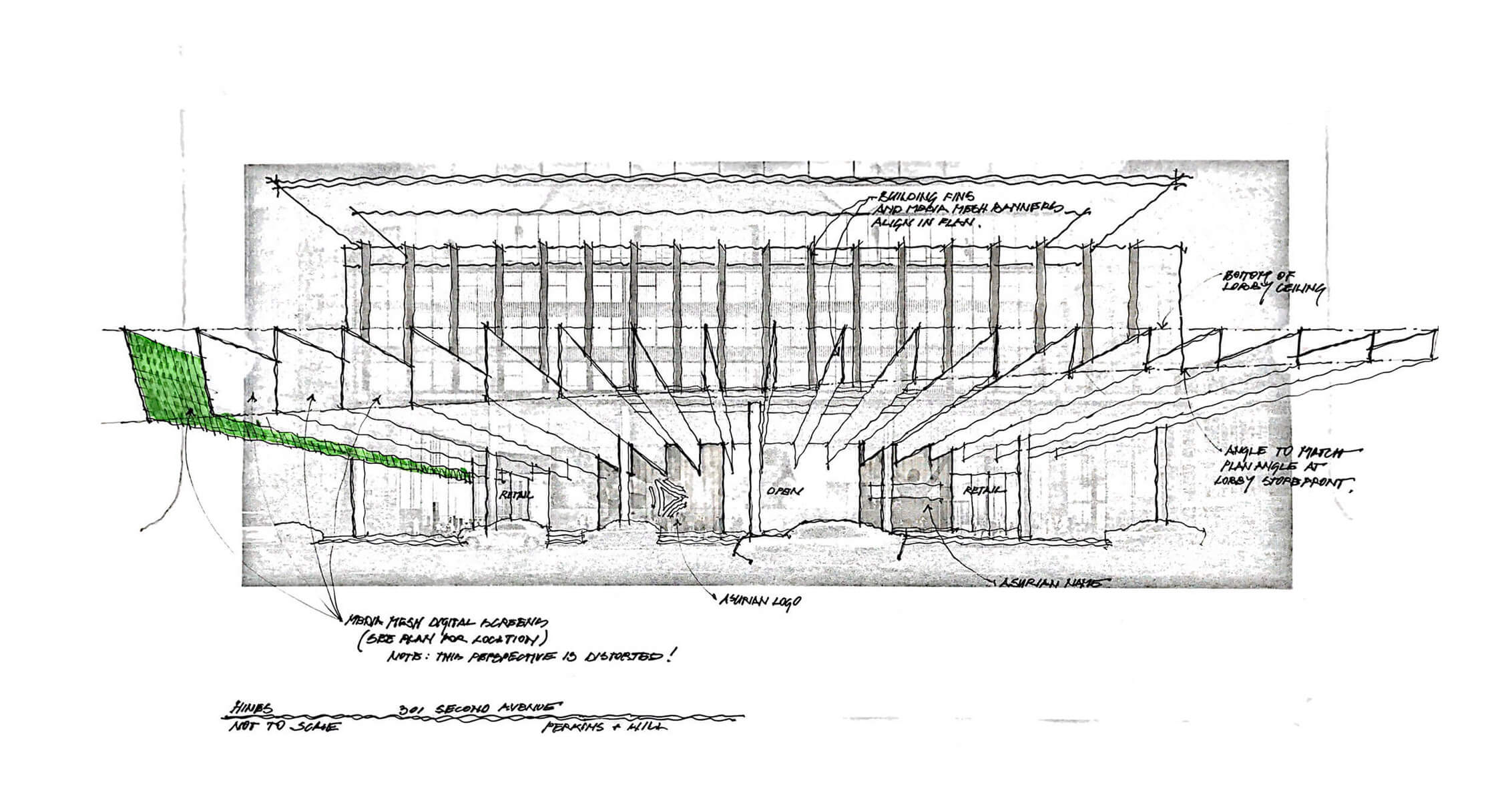 Architectural sketch of building facade with labeled design elements.