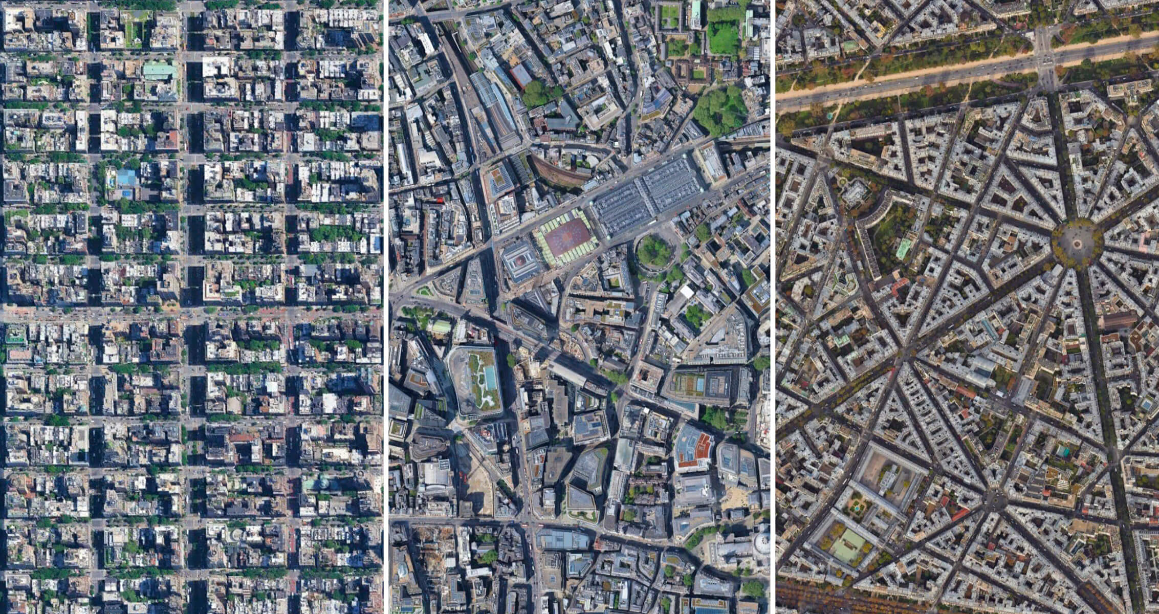 Aerial views showcasing distinct urban layouts of three different cities.
