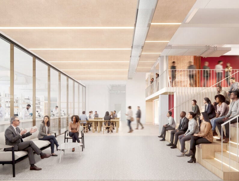 Modern office space with diverse people collaborating and engaging in discussions.
