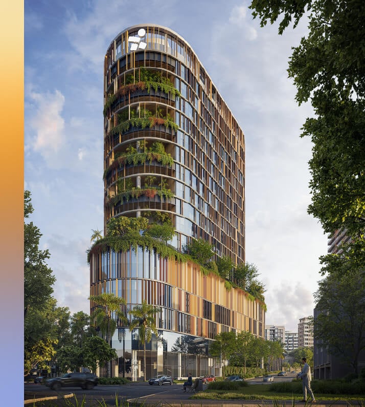Modern hospital tower render with greenery and urban design.