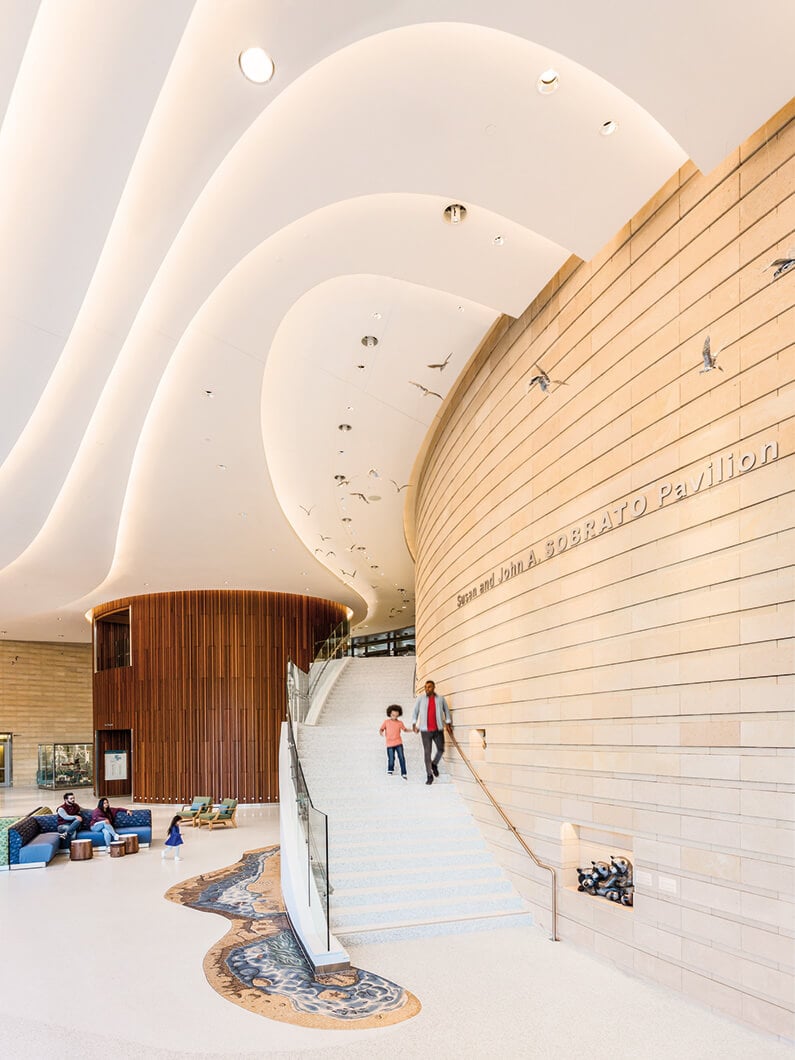Interior of a modern lobby in a hospital pavilion showcasing elegant design and welcoming spaces.
