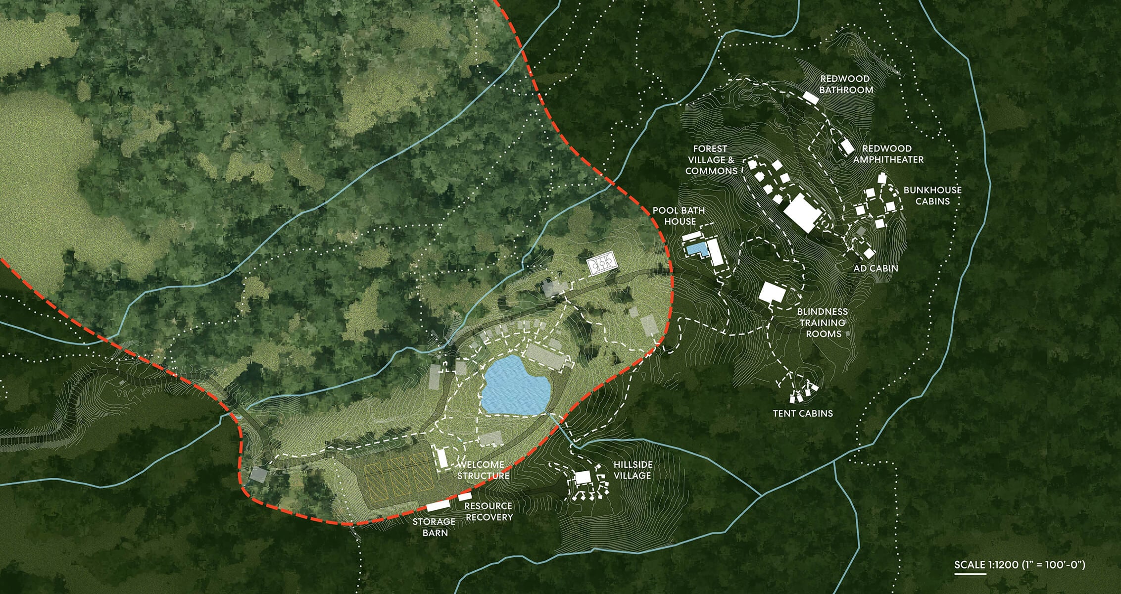 Site map highlighting various buildings and structures, including cabins, a welcome structure, and a pool bath house within a forested landscape.