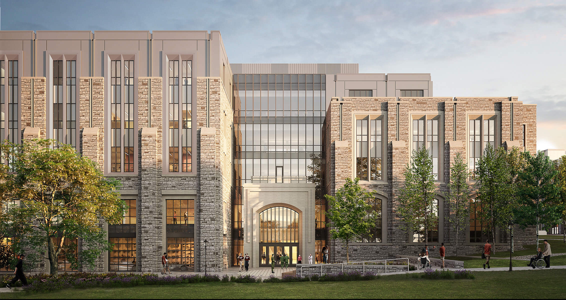 Architectural rendering of a multi-story building with stone and glass elements, featuring landscaping and people walking in the foreground.