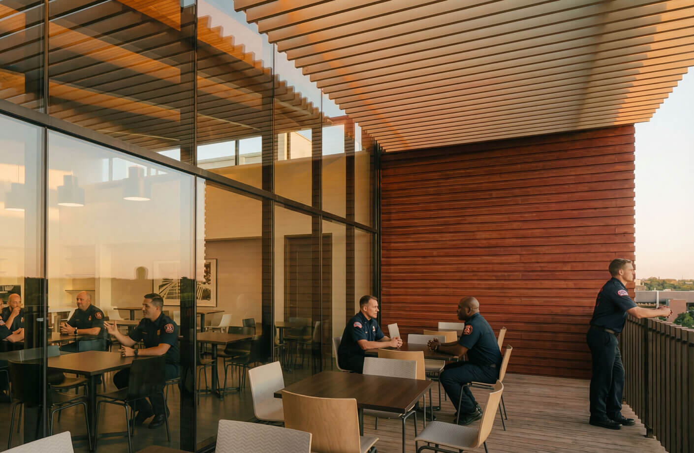 Firefighters engaged in conversation over tables on a balcony with wooden walls and large glass windows, showcasing an open communal space.