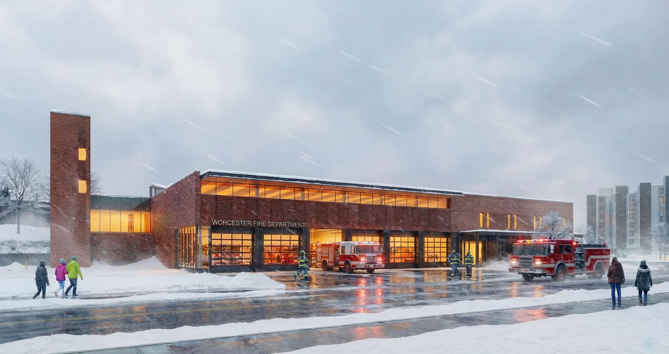 Worcester Fire Department building in winter, with fire truck and firefighters outside, snow-covered ground, and people walking nearby.