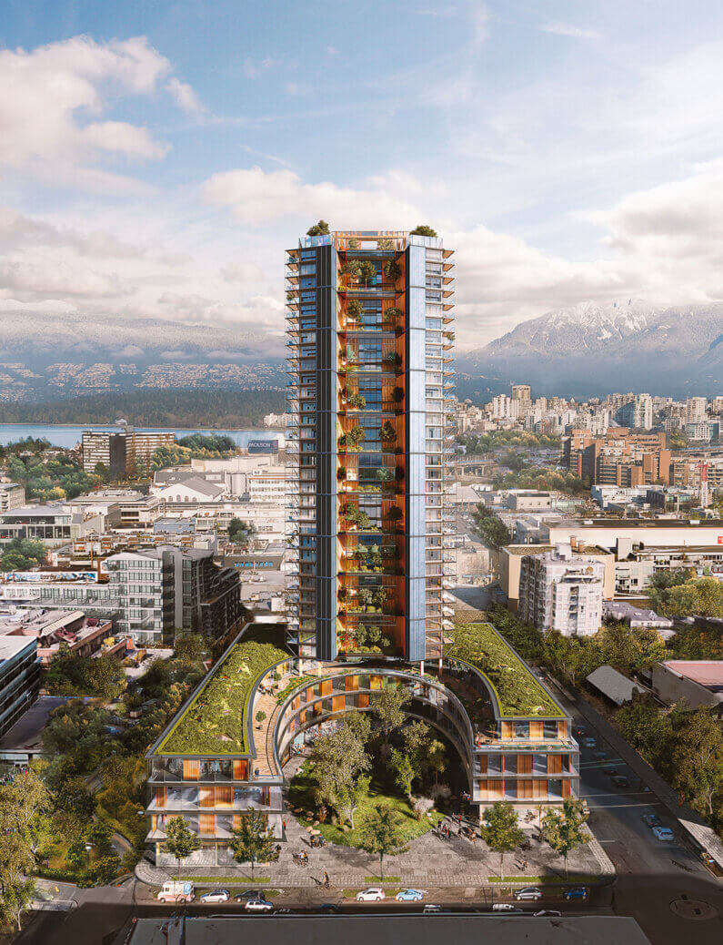 A tall, glass and wood building surrounded by greenery, set against a cityscape with mountains in the background. Pedestrians and cars are visible below.
