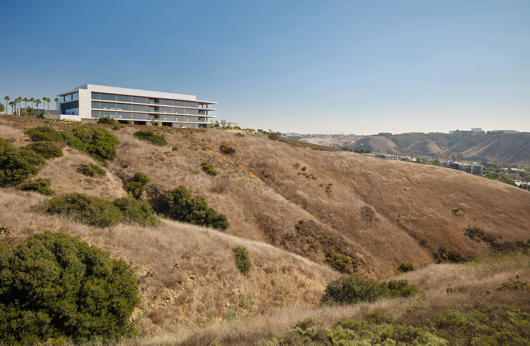 Contemporary building on a hillside with dry grass and shrubbery, set against a clear blue sky, near urban development in the background.