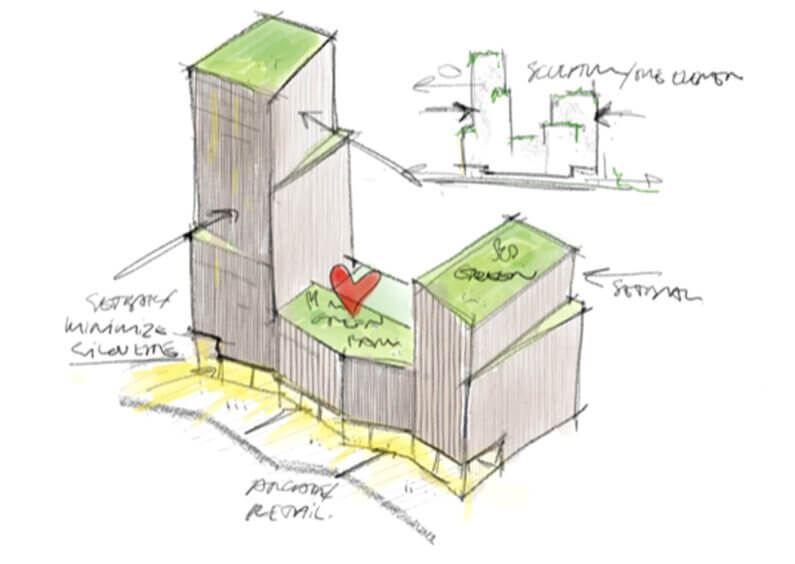 Architectural sketch of a multi-level building featuring green rooftops and a heart symbol, indicating community focus and eco-friendly design concepts.