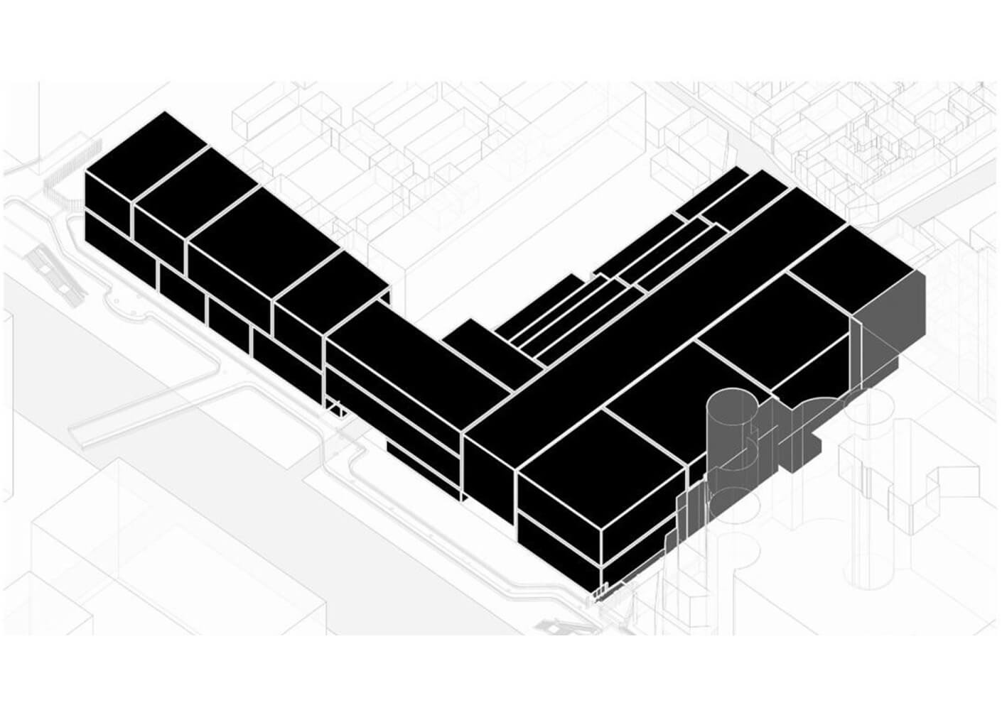 Architectural design sketch showcasing a complex arrangement of black buildings on a white background, illustrating spatial relationships and layout.
