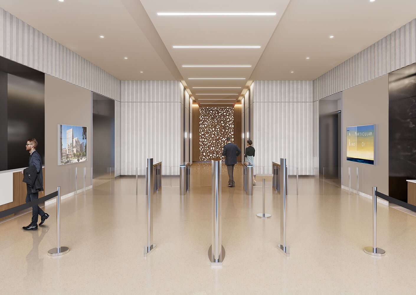 Interior lobby featuring sleek design elements, reception area, and digital displays, with people at security turnstiles.