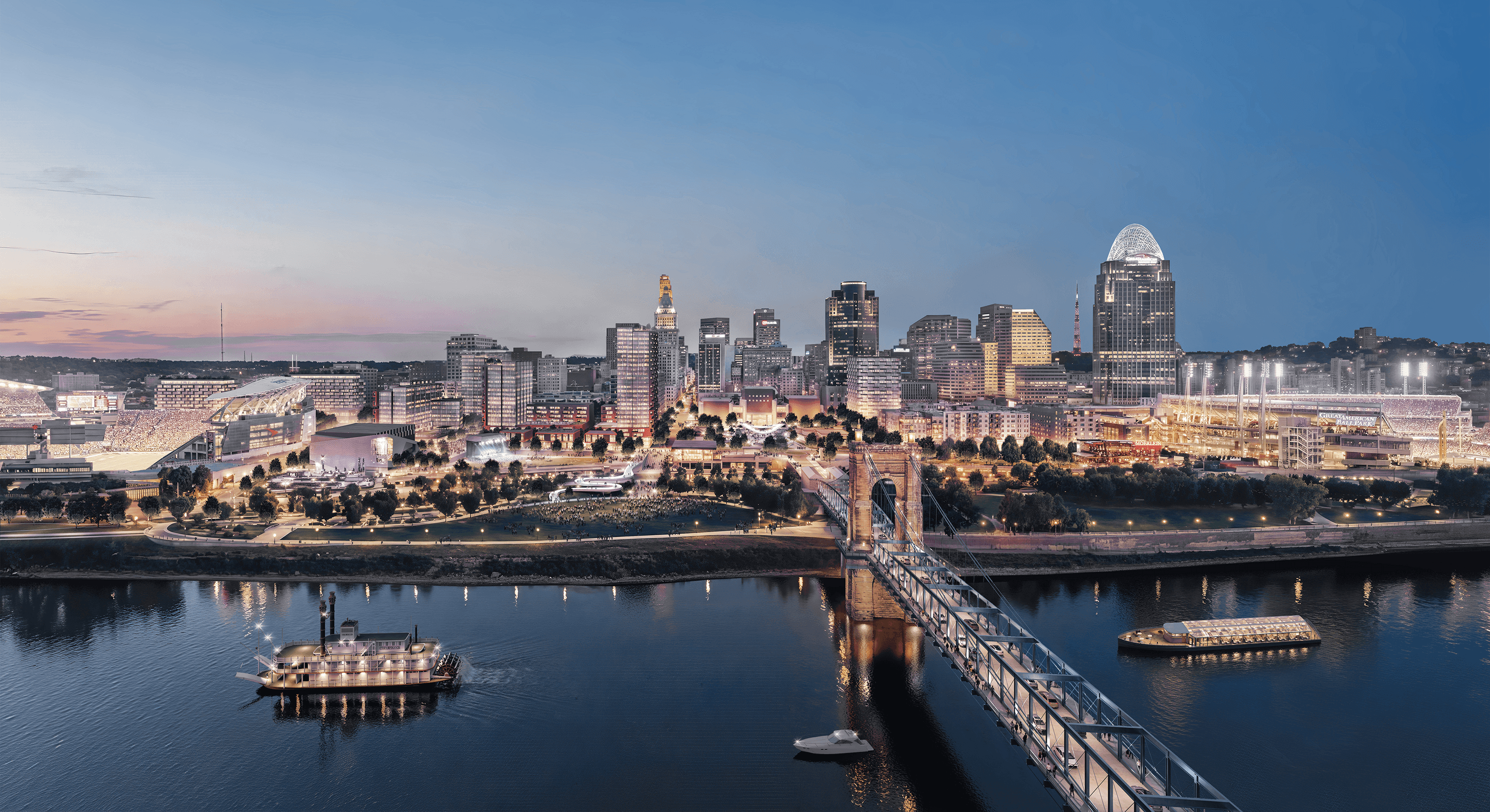 Cincinnati skyline at dusk featuring parks, sports venues, and bridges along the Ohio River with boats in the foreground.