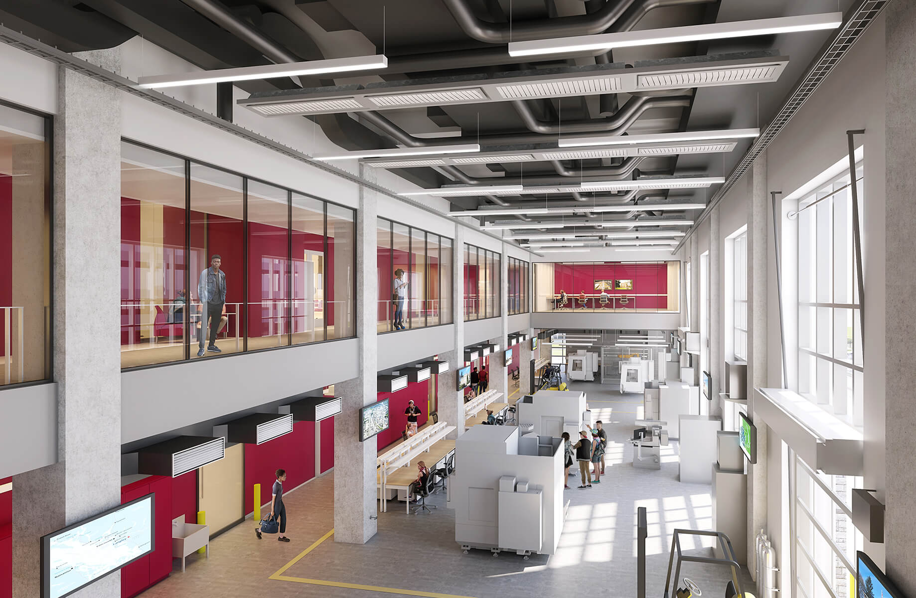 Interior of a spacious office with high ceilings, large windows, and vibrant colors. Employees engage in various activities across different levels.