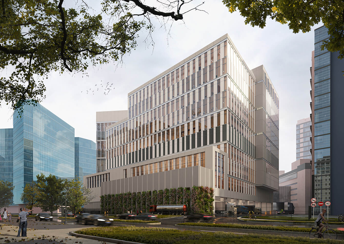 Office building with glass and facade details, surrounded by greenery and modern infrastructure, set against an urban skyline.