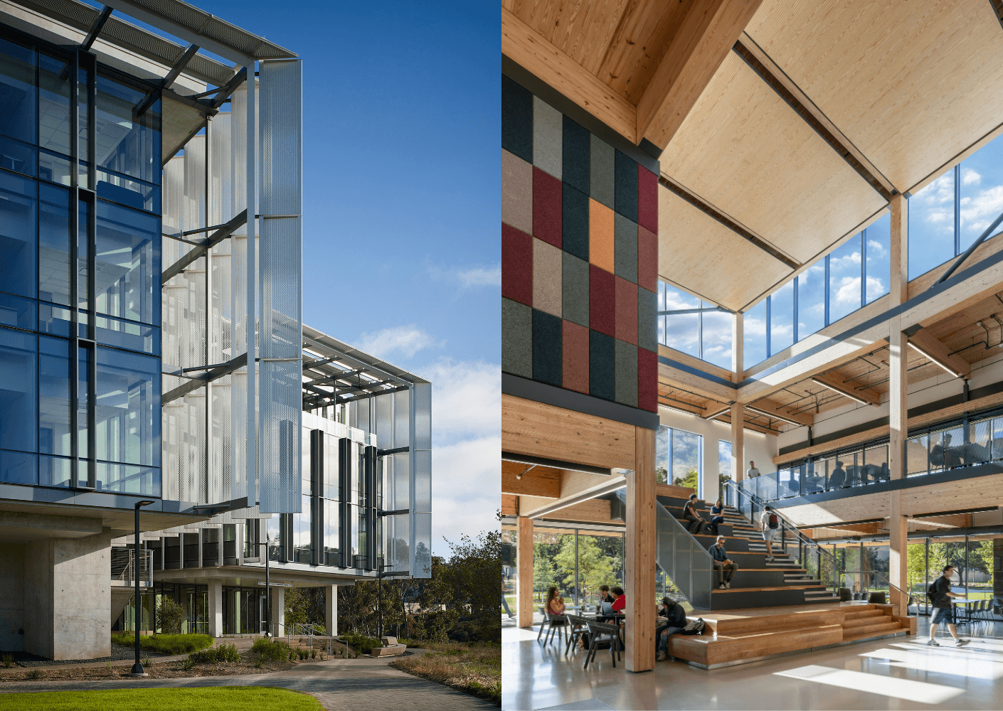 Two images of a building: exterior with glass panels and interior featuring wood beams, large windows, and seating areas for collaboration.