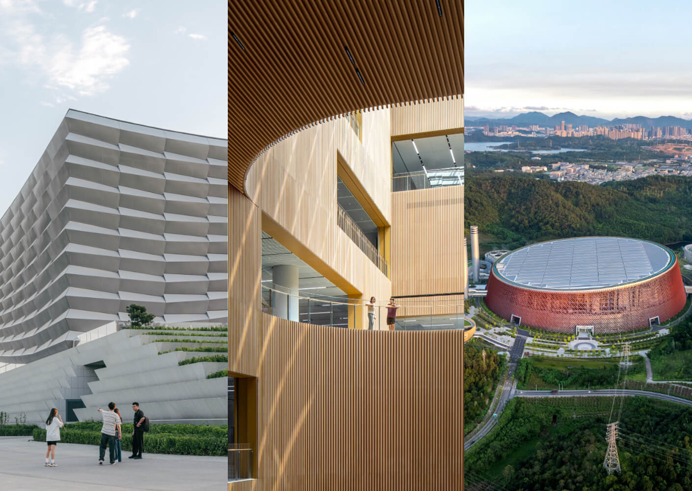 Three distinct architectural designs featuring angular facades, a wooden interior, and an aerial view of a circular structure, showcasing diverse styles.