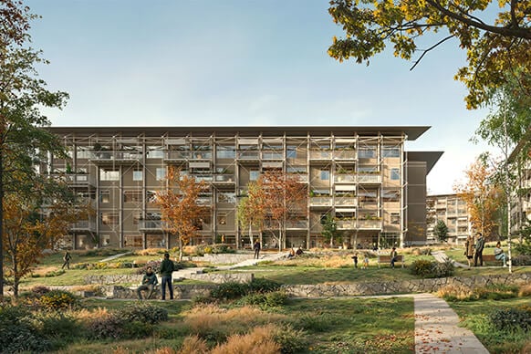 Architectural rendering of a multi-unit residential building surrounded by landscaped greenery and pathways, with people engaged in outdoor activities.
