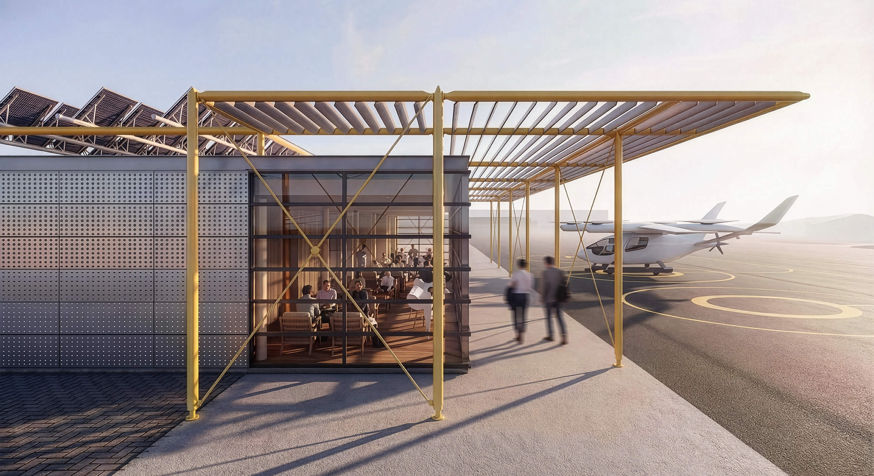 Exterior view of an airport facility, featuring solar panels, large glass windows, and a small aircraft on the tarmac, with people walking nearby.