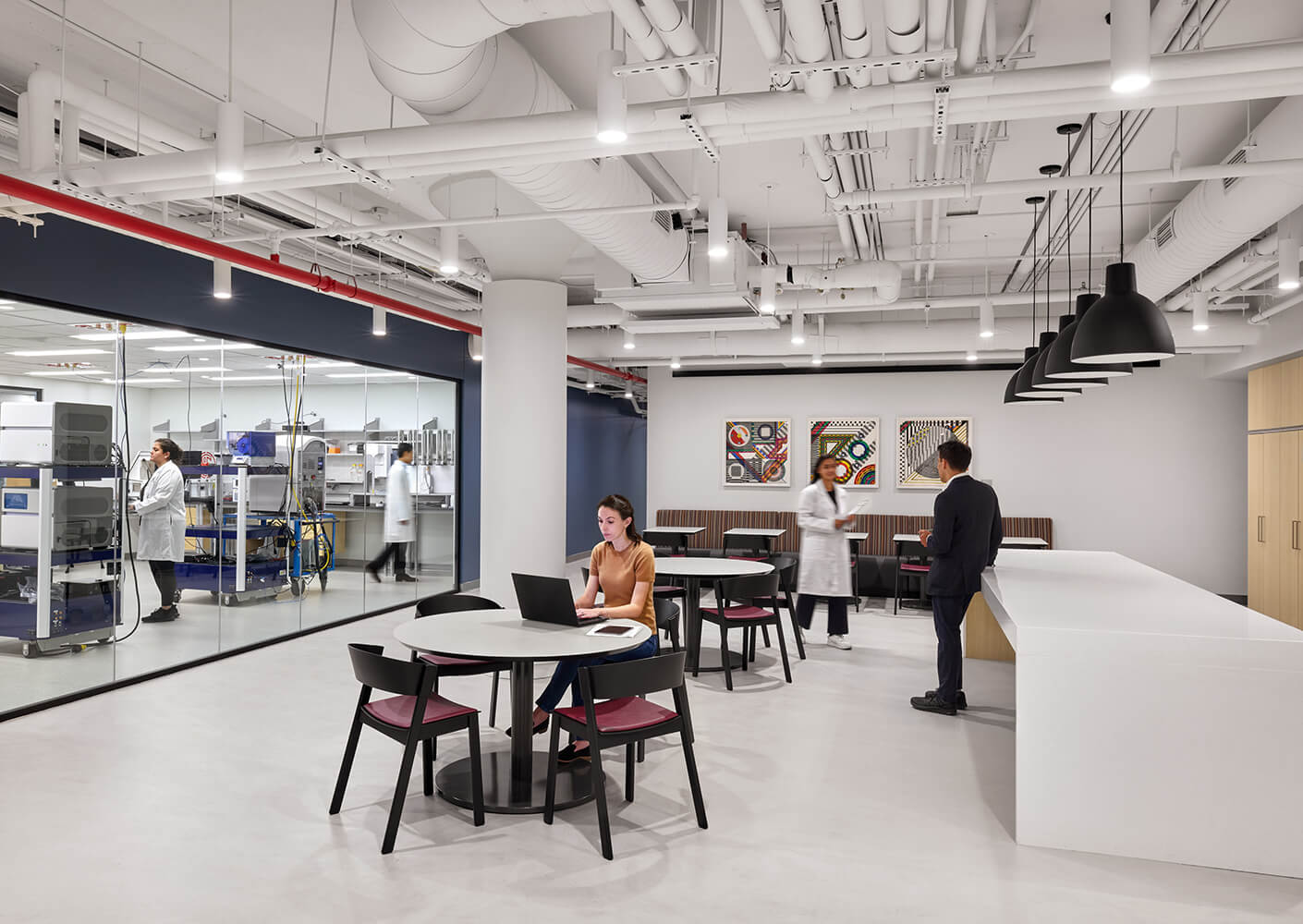 Collaborative workspace with individuals engaging in discussions; a woman using a laptop near a kitchen area and laboratory in the background.